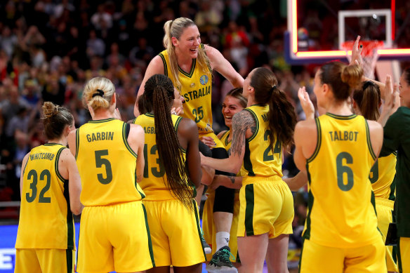 Lauren Jackson is held aloft after the Opals won World Cup bronze in her final game.