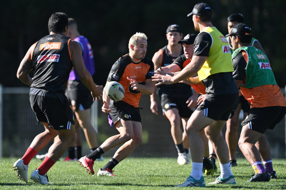 Josh Reynolds trains with the Wests Tigers on Monday.