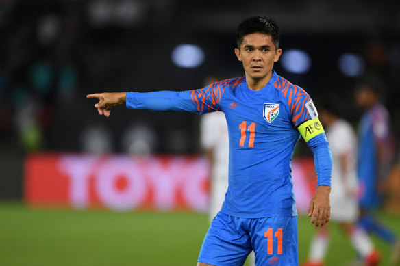 Sunil Chhetri playing for India in 2019 in Dubai.