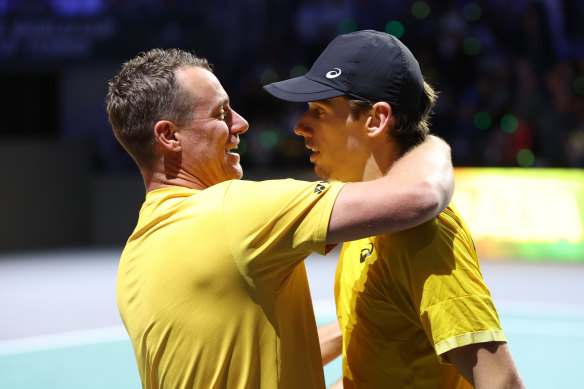 Hewitt celebrates Alex de Minaur’s Davis Cup semi-final match win in November.