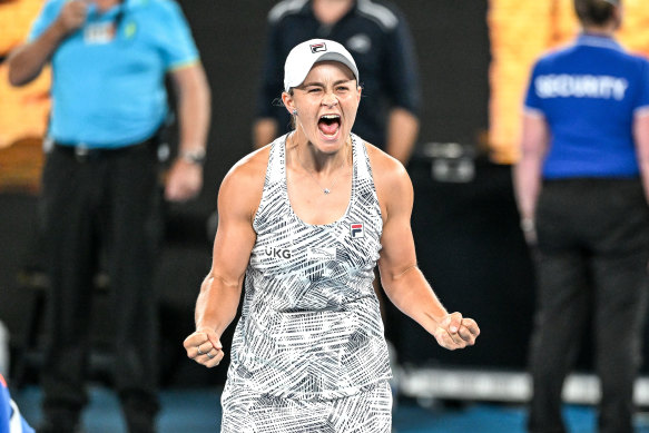 Ash Barty celebrates after defeating Danielle Collins in the women’s singles final.