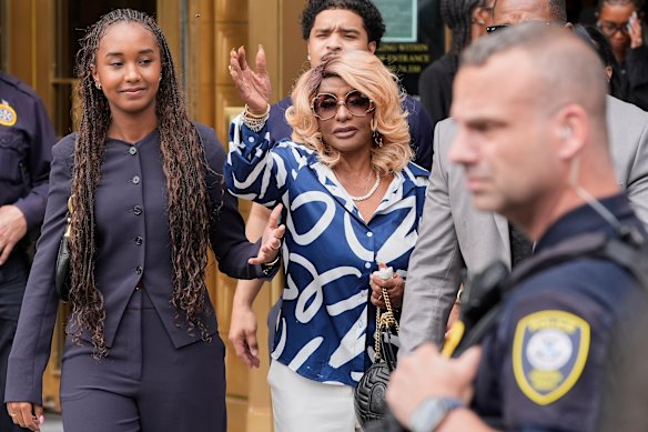 Janice Combs, centre, mother of Sean “Diddy” Combs, reacts outside Manhattan federal court after the verdict.