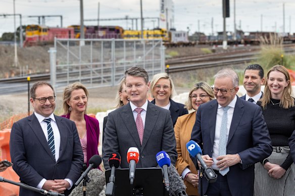 Premier Ben Carroll, Prime Minister Anthony Albanese and other ministers last month spruiked the “second stage” of the airport rail project.