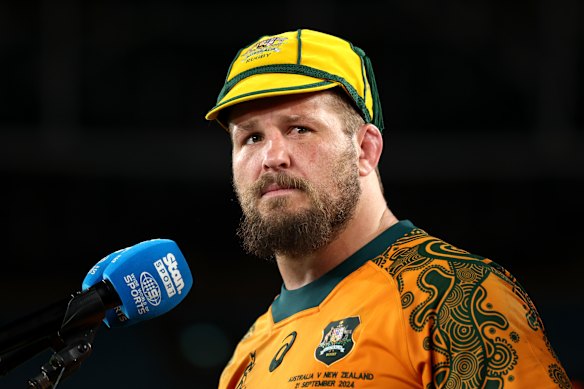 James Slipper wearing the gold cap for becoming the most capped Wallaby in 2024.