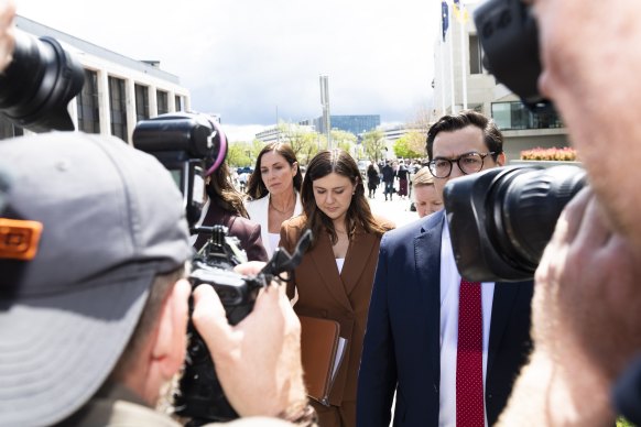 Brittany Higgins leaves the ACT Supreme Court after the rape trail of Bruce Lehrmann was aborted due to juror misconduct.