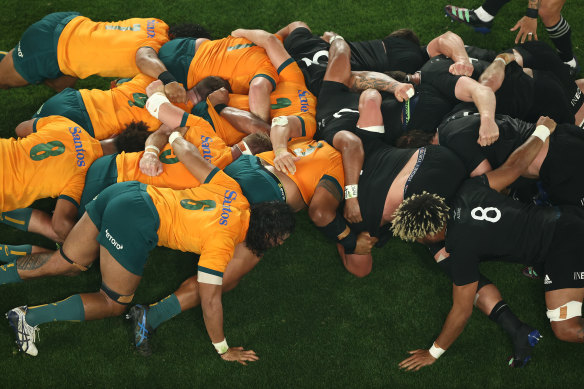 The Wallabies and All Blacks doing battle in Melbourne in 2022.