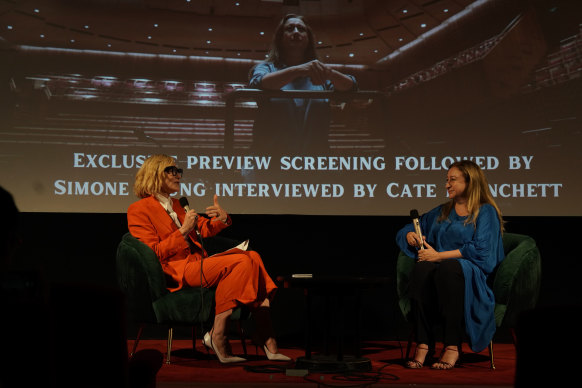 Blanchett and Young at a preview of Knowing the Score, the upcoming documentary about Young.