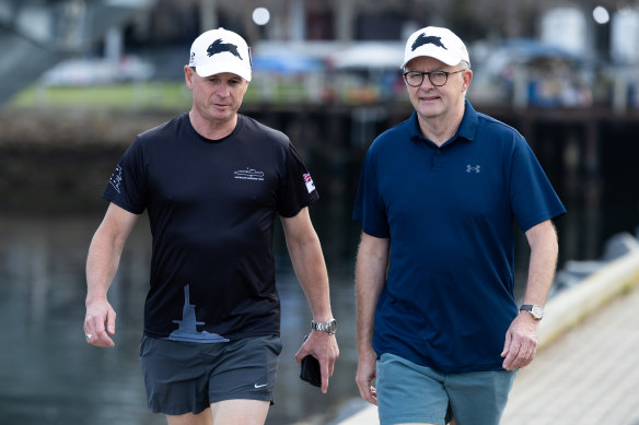 Australian Chief of Navy Vice Admiral Mark Hammond and Prime Minister Anthony Albanese during a walk in San Diego.
