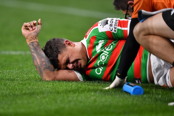 Rabbitohs fullback Latrell Mitchell went down injured on Thursday night.