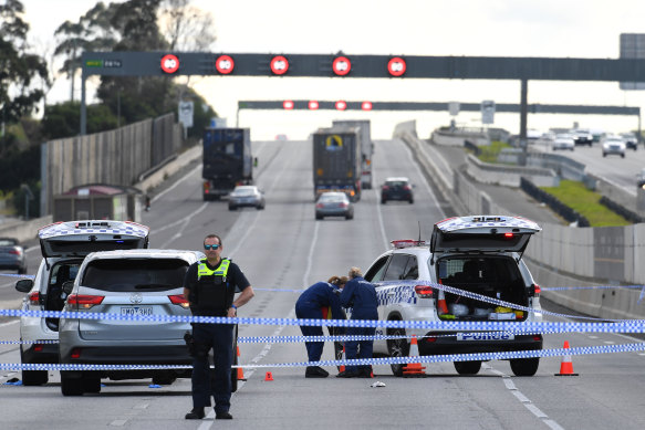 Forensic investigators at the scene of the shooting on the Monash Freeway.