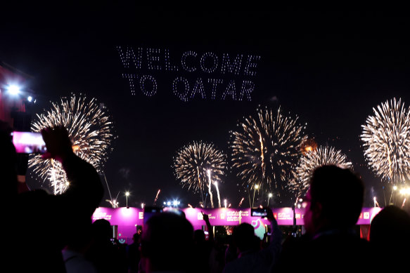 Fireworks explode over the Doha skyline during the FIFA World Cup 2022.