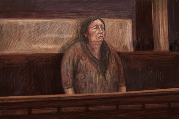 A sketch of Erin Patterson in court during her trial.