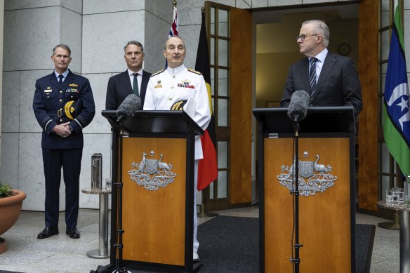 Air Marshal Robert Chipman, Deputy Prime Minister Richard Marles, Vice Admiral David Johnston and Prime Minister Anthony Albanese during a press conference on Tuesday.
