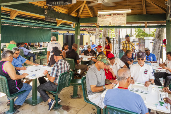 Cuban men play dominoes in Miami, Florida.