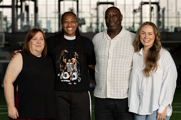 Collingwood’s Sabrina Frederick (second from left), her mum Cheryl (left), dad Winston and wife Lili. 