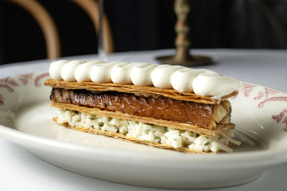 The new-look Monopole’s savoury spin on millefeuille, with the pastry sandwiched with smoked eel.