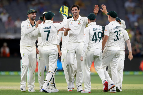 Mitchell Starc's Australian teammates celebrate after the quick dismissed Neil Wagner.