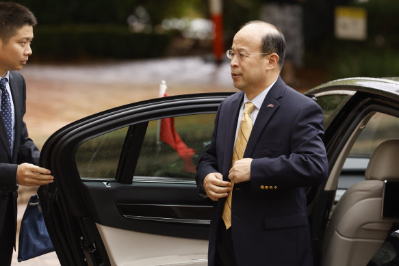 Chinese ambassador to Australia Xiao Qian arrives for a meeting with Department of Foreign Affairs and Trade Secretary Jan Adams on Monday. 