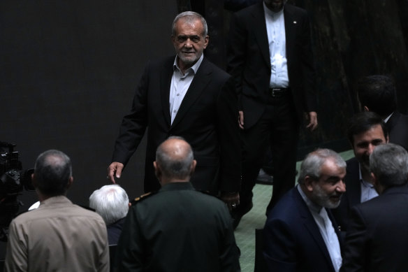 Newly elected Iranian President Masoud Pezeshkian at his swearing-in ceremony.