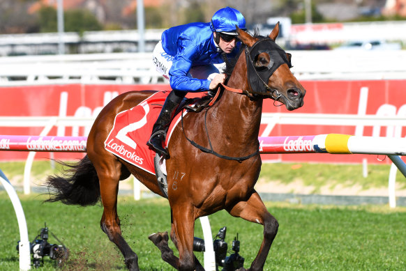 Hugh Bowman rides Bivouac to win the Ladbrokes Vain Stakes at Caulfield  on August 17.