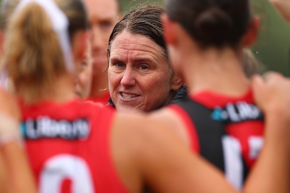 Bombers coach Natalie Wood leads her side on Sunday.