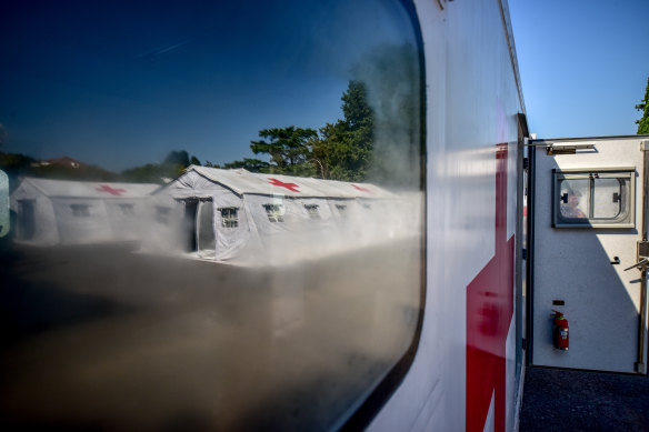 A temporary field hospital built by the Argentine Army at Campo de Mayo Military base in Buenos Aires with the assistance of Chinese donations.