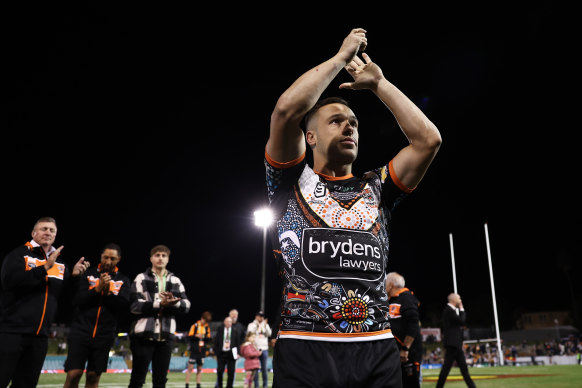 Happy Tiger: Luke Brooks’ name was chanted inside Leichhardt Oval after his brilliant milestone performance.