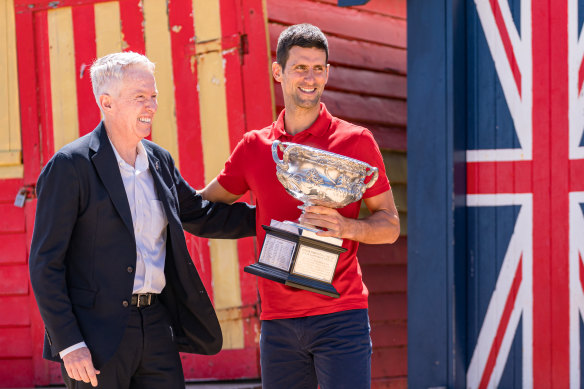 Tennis Australia chief Craig Tiley and Novak Djokovic.