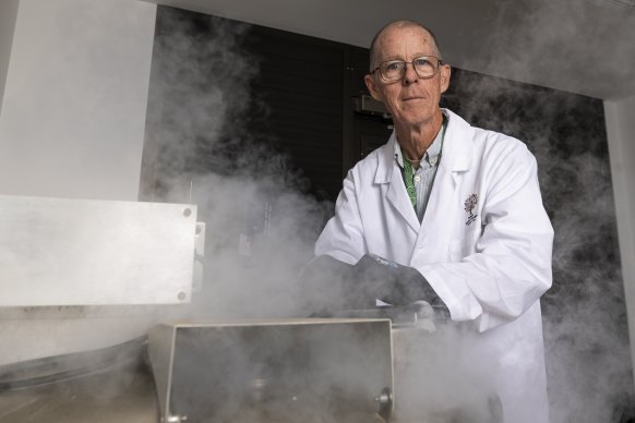 Professor Brett Summerell opening the cryo storage dewar at the Botanic Garden PlantBank.