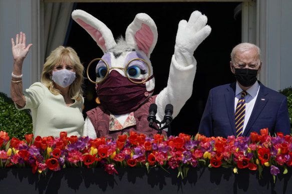 US President Joe Biden appears with first lady Jill Biden and the Easter Bunny on the Blue Room balcony at the White House. The White House Easter Egg Roll is returning on April 18 after a two-year, COVID-induced hiatus.