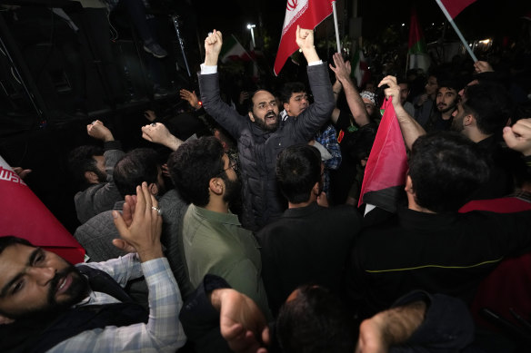 Iranian demonstrators protest during an anti-Israeli rally in front of the British embassy in Tehran.