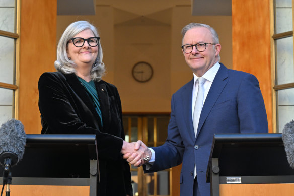 Samantha Mostyn with Prime Minister Anthony Albanese on Wednesday.