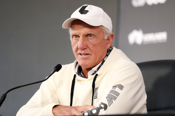 Greg Norman talks to the media before the LIV Golf event in Adelaide.