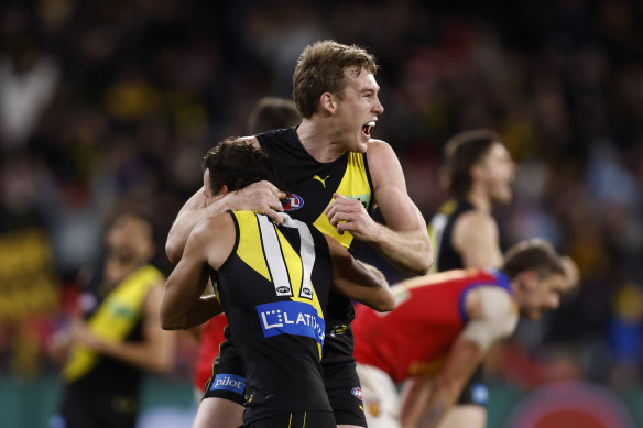 Tom Lynch celebrates the win over the Lions.