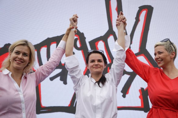 Svetlana Tikhanovskaya, candidate for the presidential elections, centre, with Veronika Tsepkalo, left, wife of Valery Tsepkalo, at a rally in Minsk, Belarus, last week.