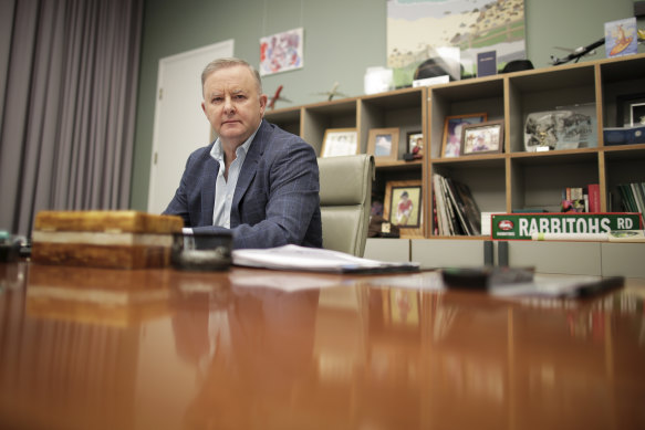  Opposition Leader Anthony Albanese works on his vision speech in his office at Parliament House on Saturday.
