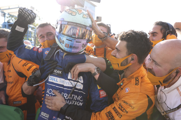 The celebration after Ricciardo’s grand prix win for McLaren at Monza, Italy, last September.
