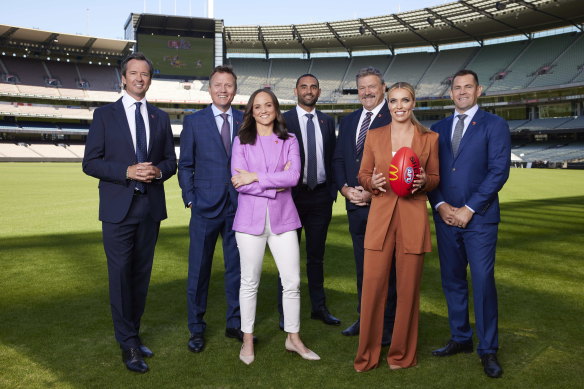 Seven’s AFL commentary team for 2023 - Hamish McLachlan, James Brayshaw, Daisy Pearce, Shaun Burgoyne, Brian Taylor, Abbey Holmes and Luke Hodge.