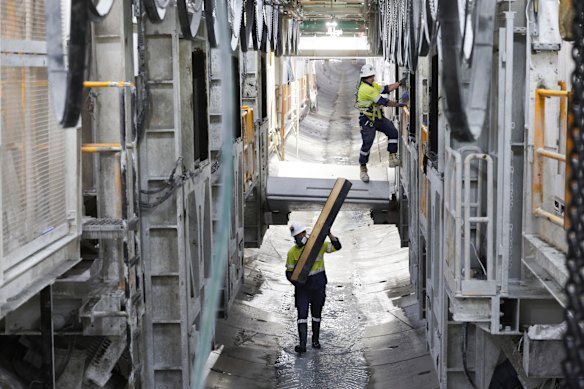 Workers at the Snowy 2.0 Lobs Hole site in October 2024.