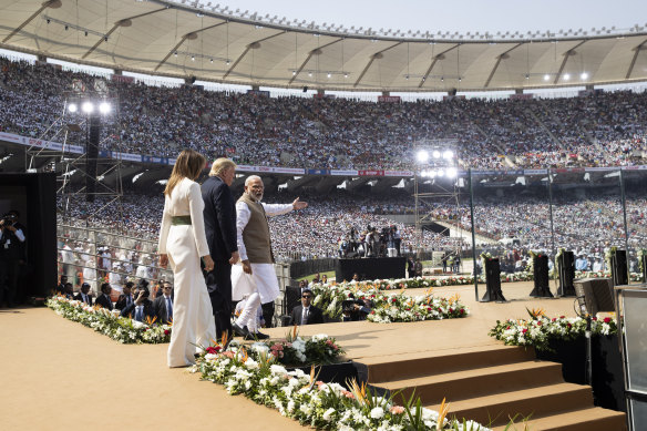 Melania and Donald Trump, at the time US first lady and US president, with Prime Minister Narendra Modi at the cricket stadium in Ahmedabad in India in 2020.