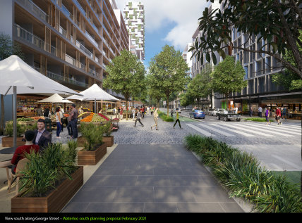 The proposal includes widening the southern end of George Street to create a main thoroughfare lined with trees and shops, with room for pedestrians and cyclists. 