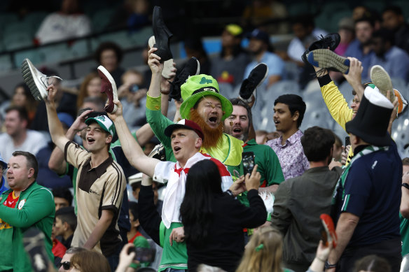 Irish supporters enjoy the MCG during Ireland’s upset win over England last Wednesday.