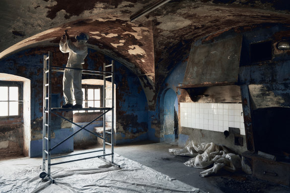 Tackling the lead paint in the kitchen.
