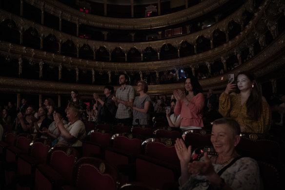 The audience applauds at the end of the Odesa Opera’s first performance since the Russian invasion of Ukraine.