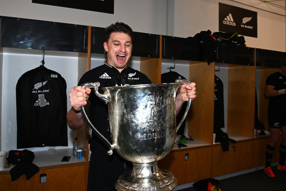 Now it’s over . . . Beauden Barrett gets his hands on the Bledisoe Cup.