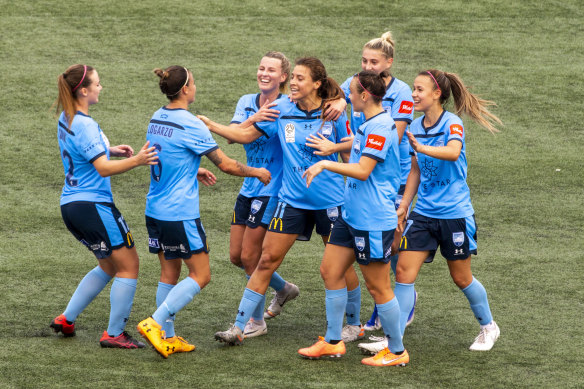 Sofia Huerta celebrates with her teammates after scoring Sydney FC's only goal on Sunday.