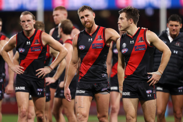 Essendon players after the loss to Sydney.