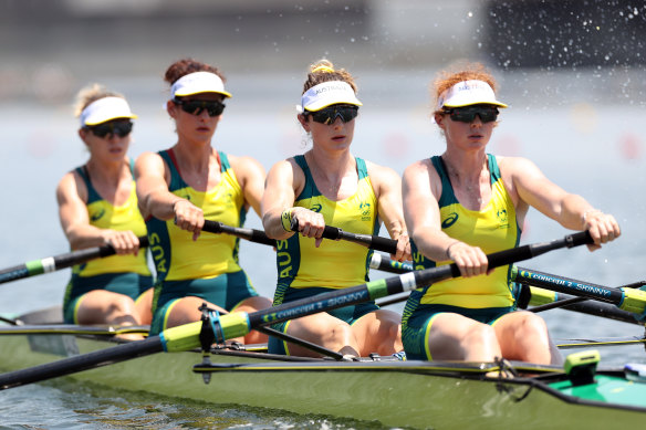 Australia’s gold medal winning four in Tokyo: Lucy Stephan, Rosemary Popa, Jessica Morrison and Annabelle McIntyre.