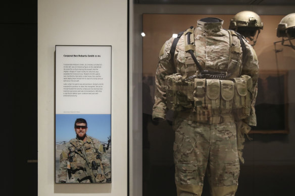 The uniform of former SAS soldier Ben Roberts-Smith on display at the Australian War Memorial in Canberra.