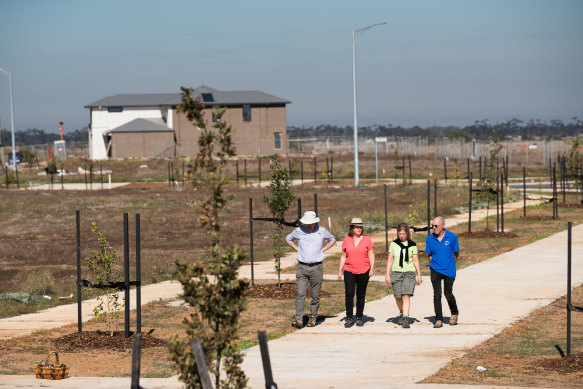 Lisa Field (second from the left) with fellow members of the Werribee River Association and Transition Wyndham pictured at a new estate at Wyndham Vale.